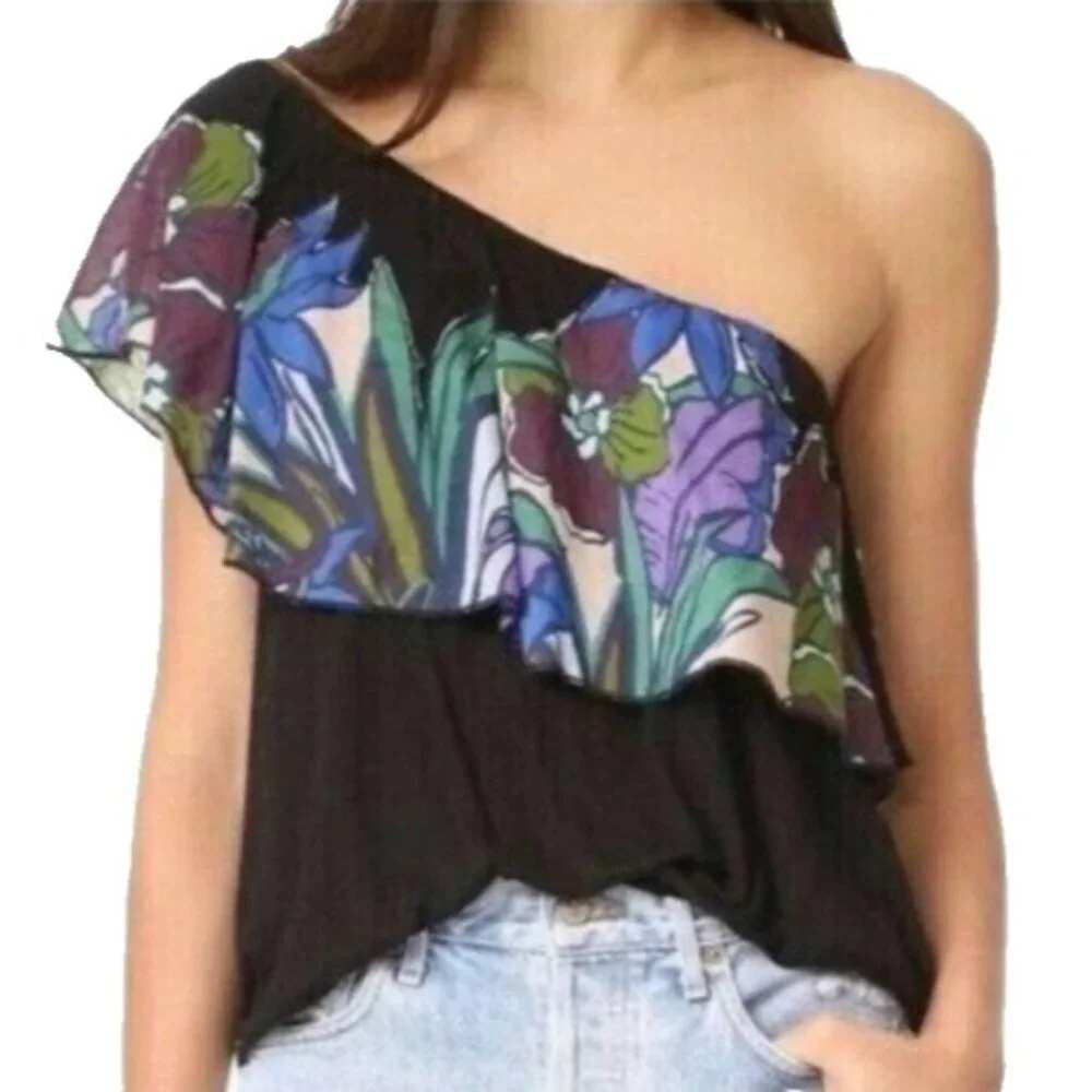 Free People One Shoulder Ruffle Top Womens Small Black Floral Silk Blend BOHO